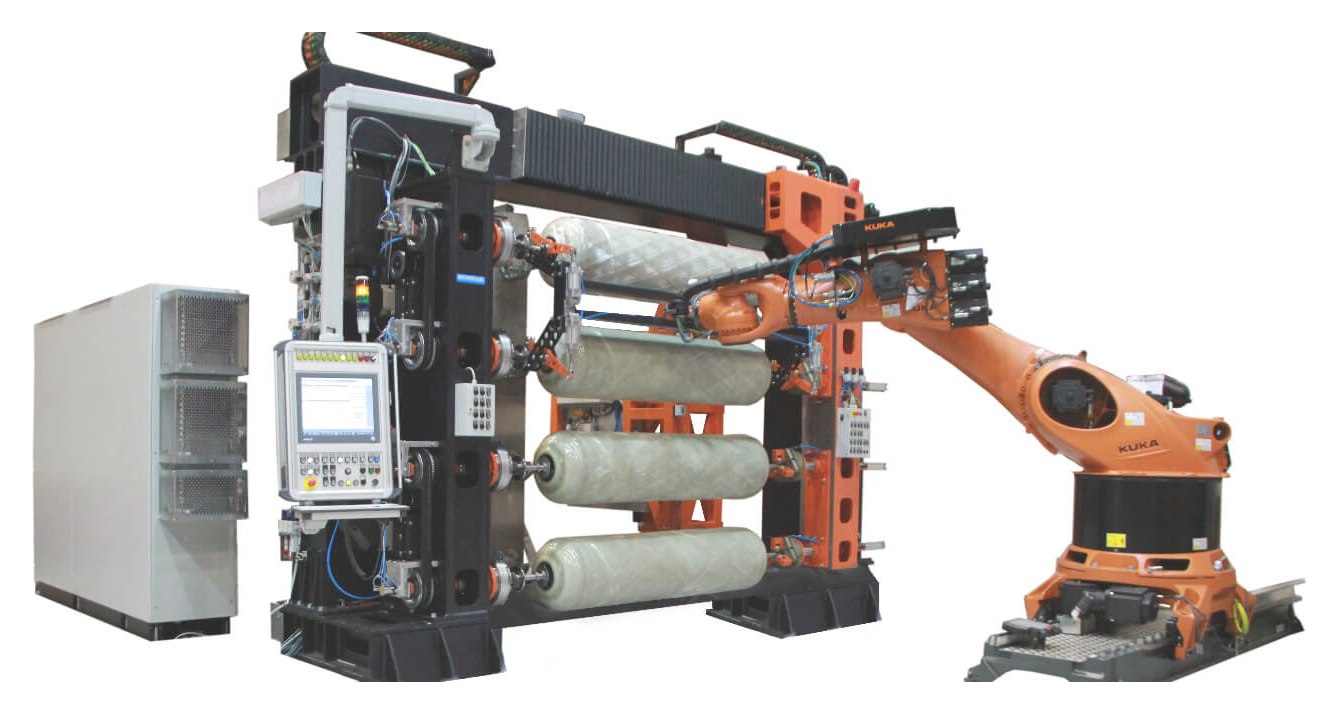 Mikrosam multi-spindle filament winding machine winding four Type IV pressure vessels with a KUKA robot